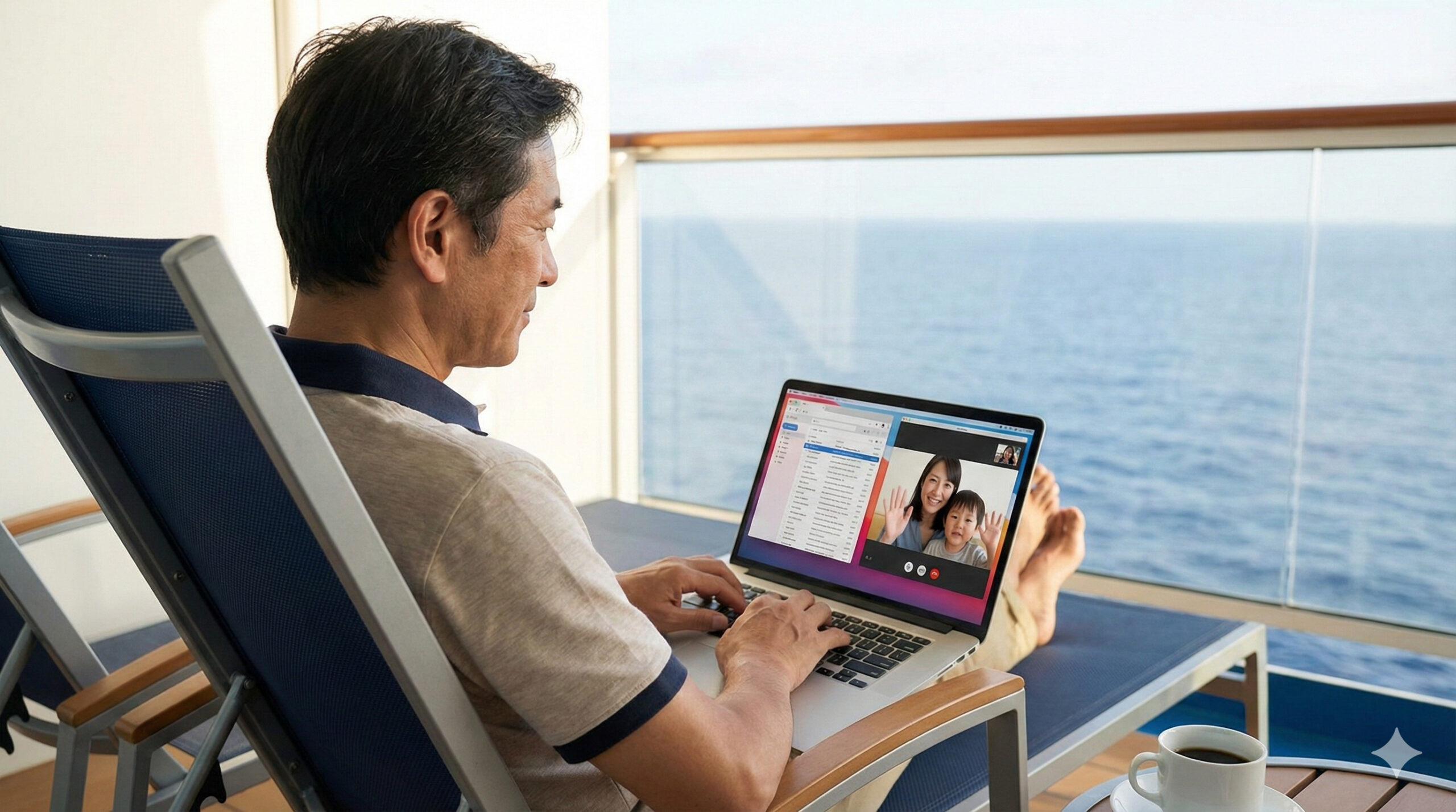 船上のバルコニーで仕事やビデオ通話をする男性