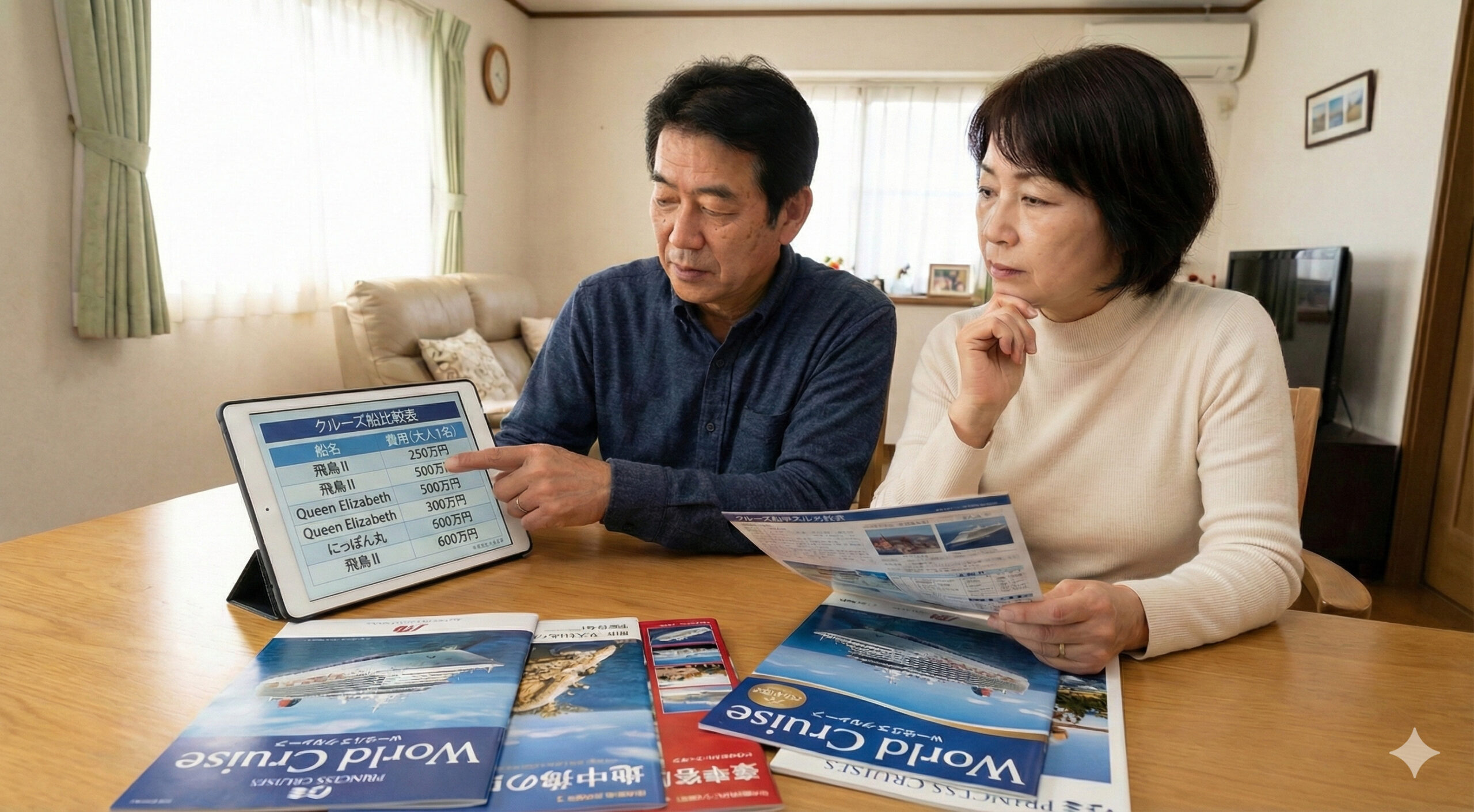 自宅でタブレットを使ってクルーズを比較検討する夫婦