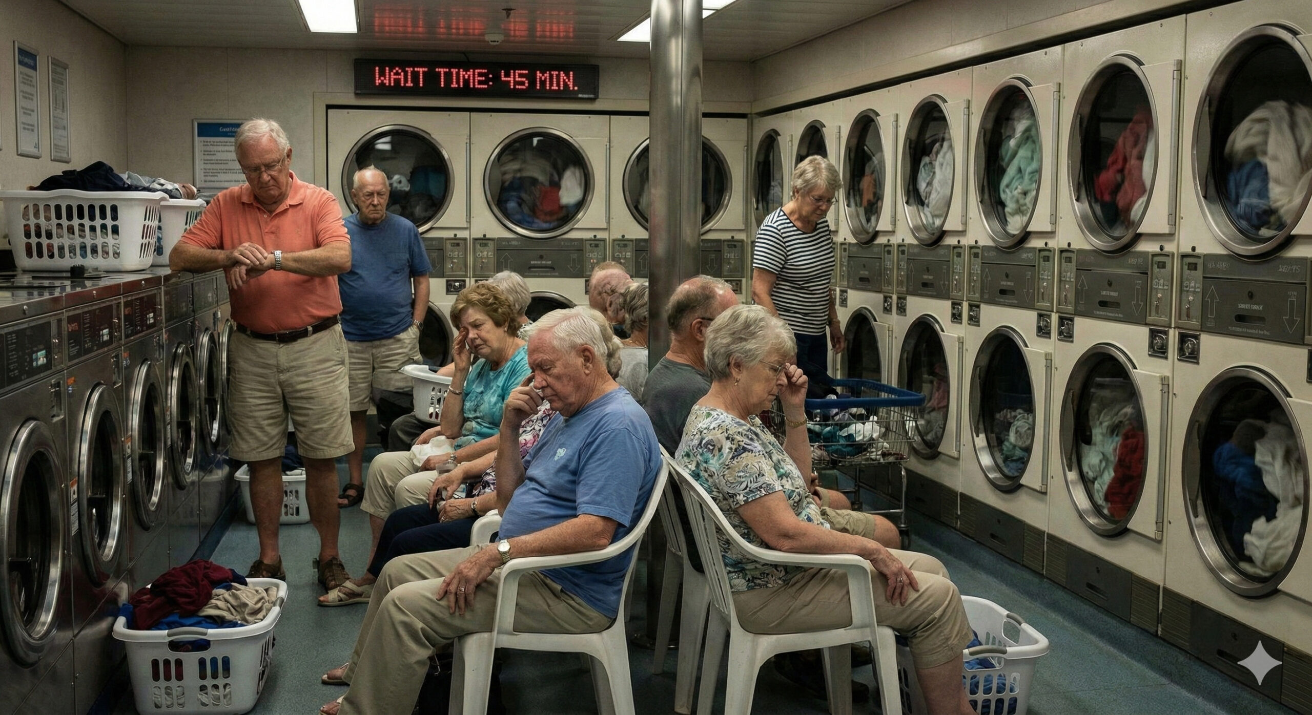 混雑した船内コインランドリーで待つ人々