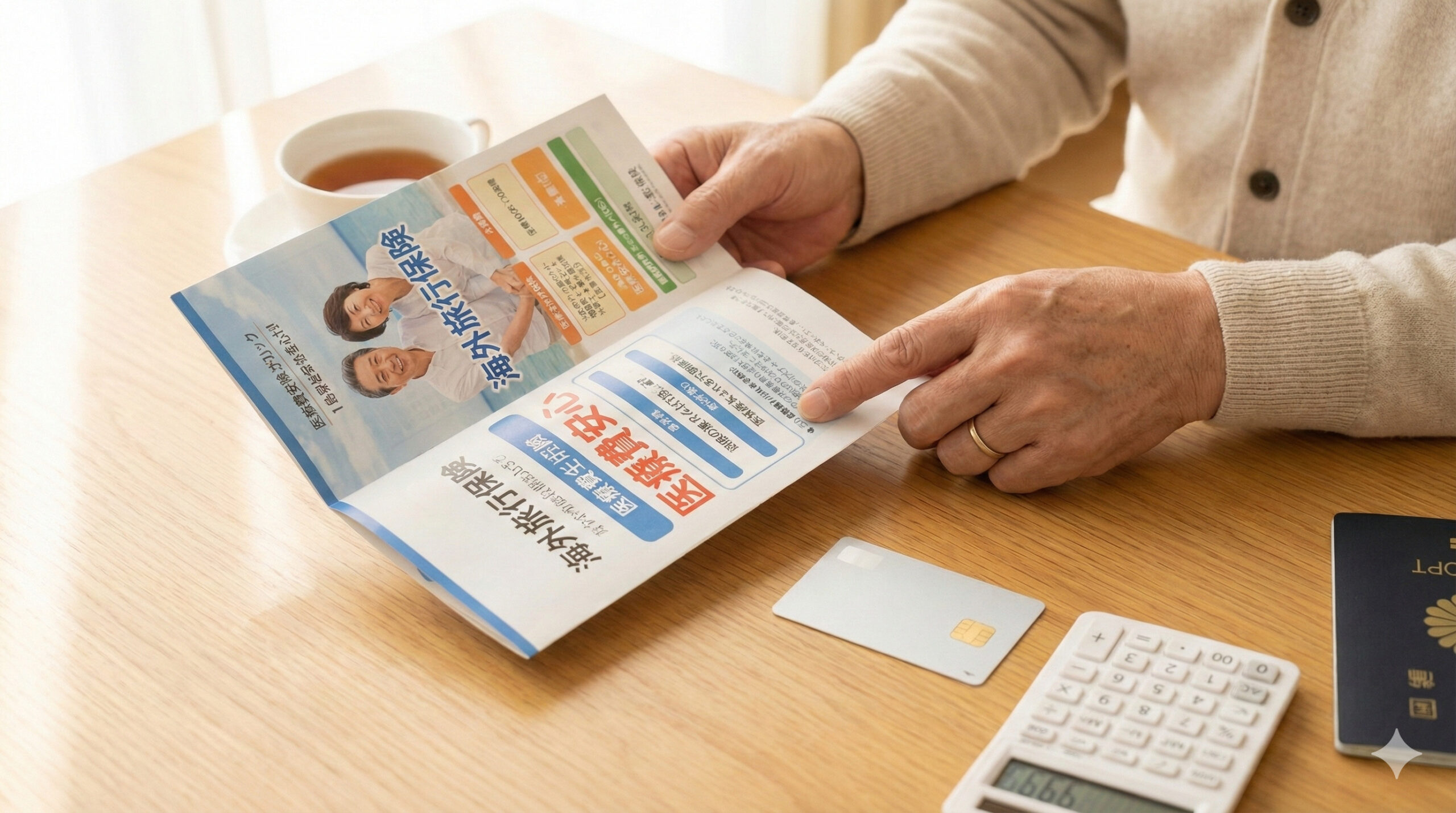 保険のパンフレットとクレジットカードを確認する手元