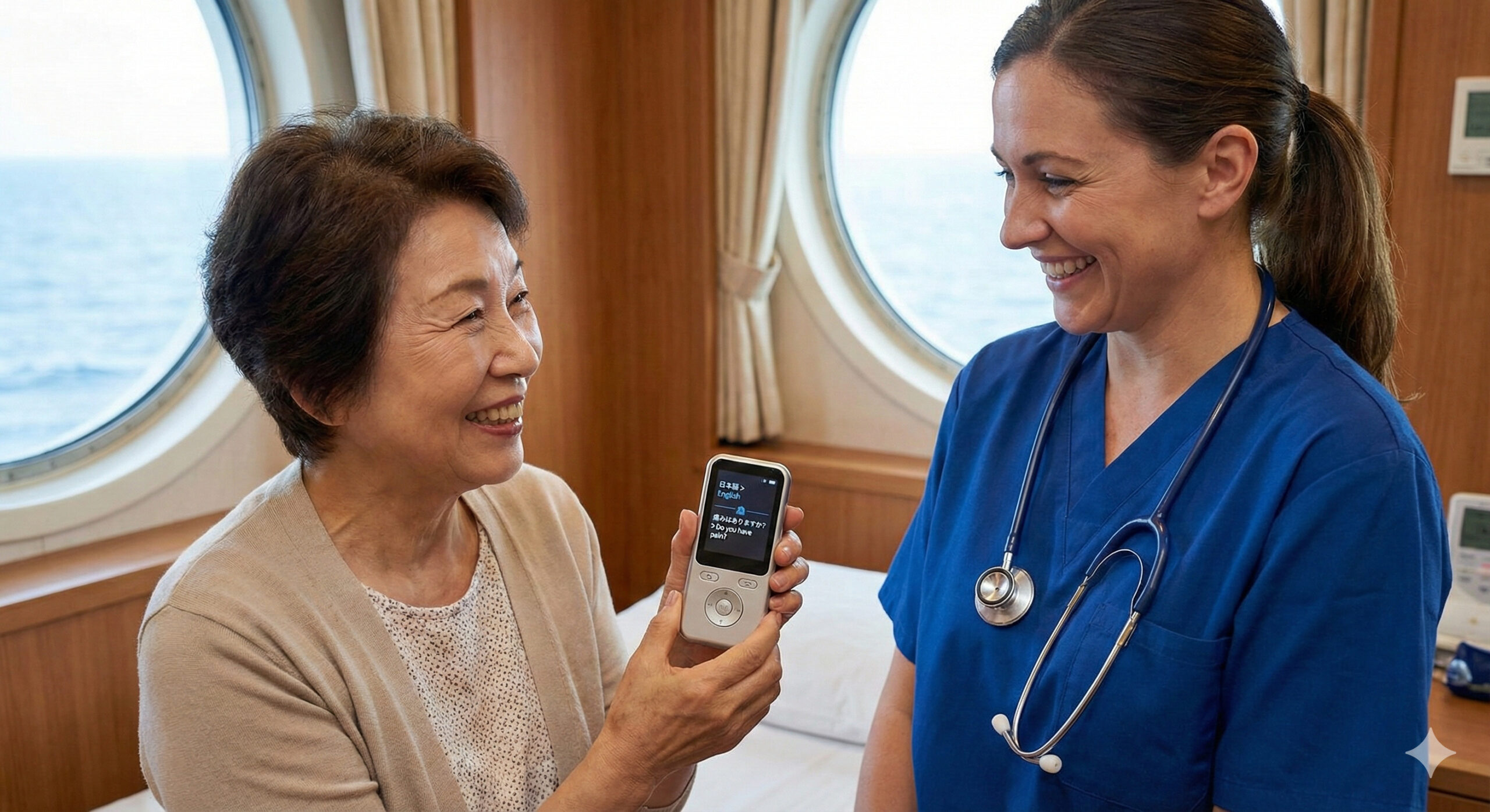 船内の診療所で翻訳機を使う女性と看護師