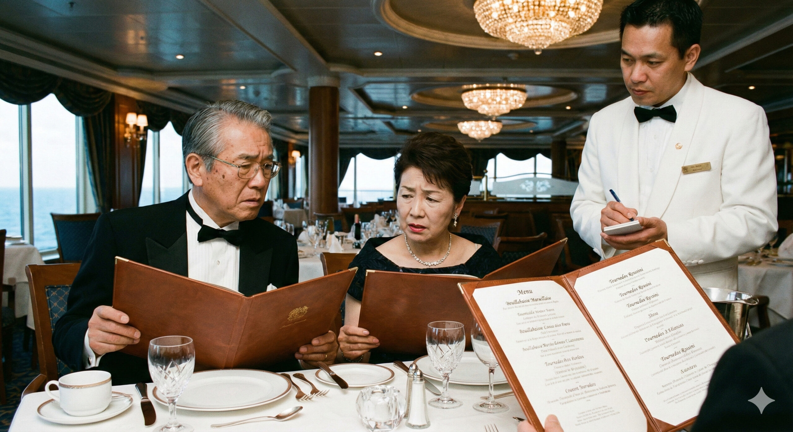 レストランでメニューに困惑する夫婦