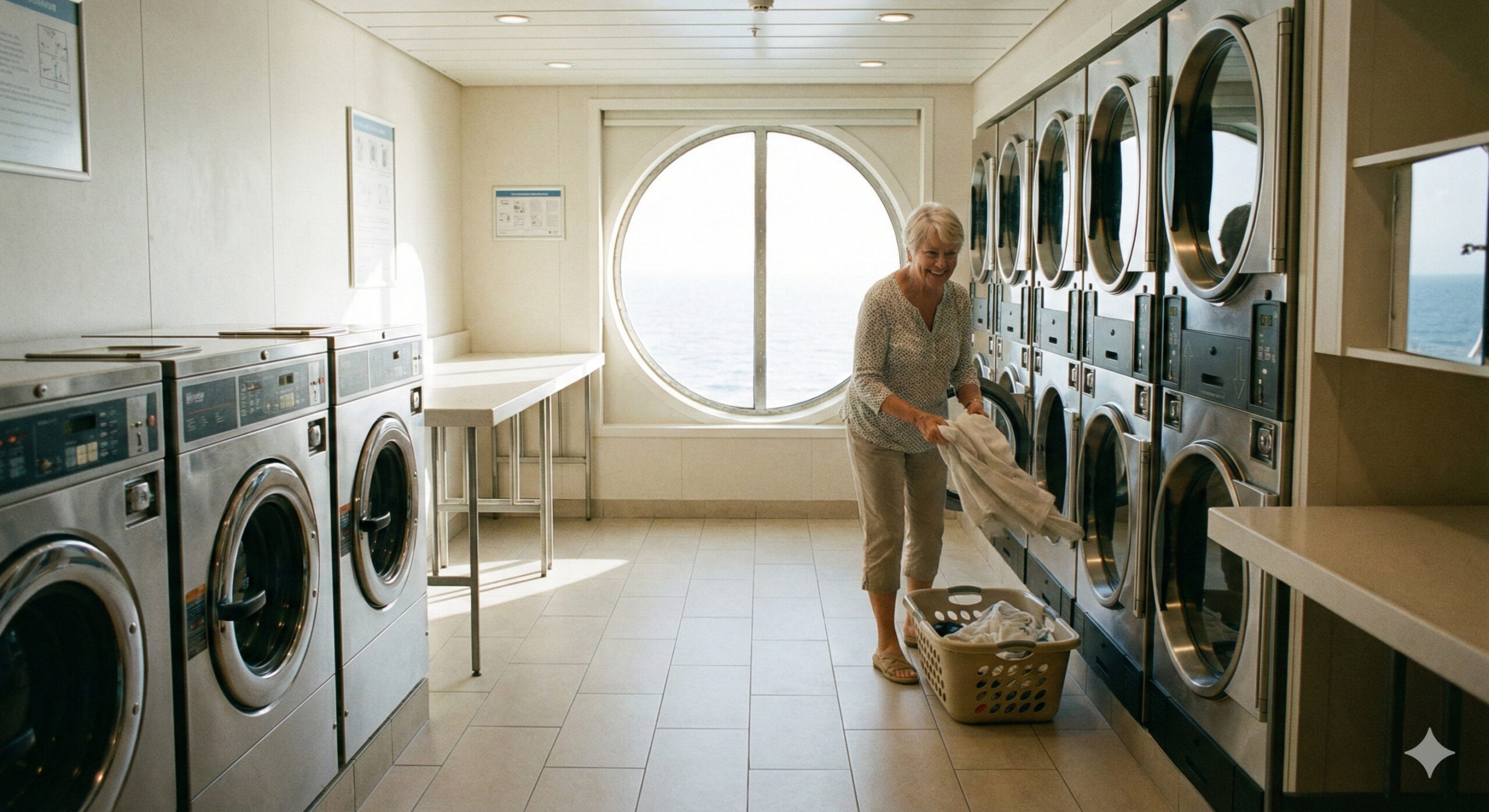 クルーズ船の明るいランドリールームにいる女性