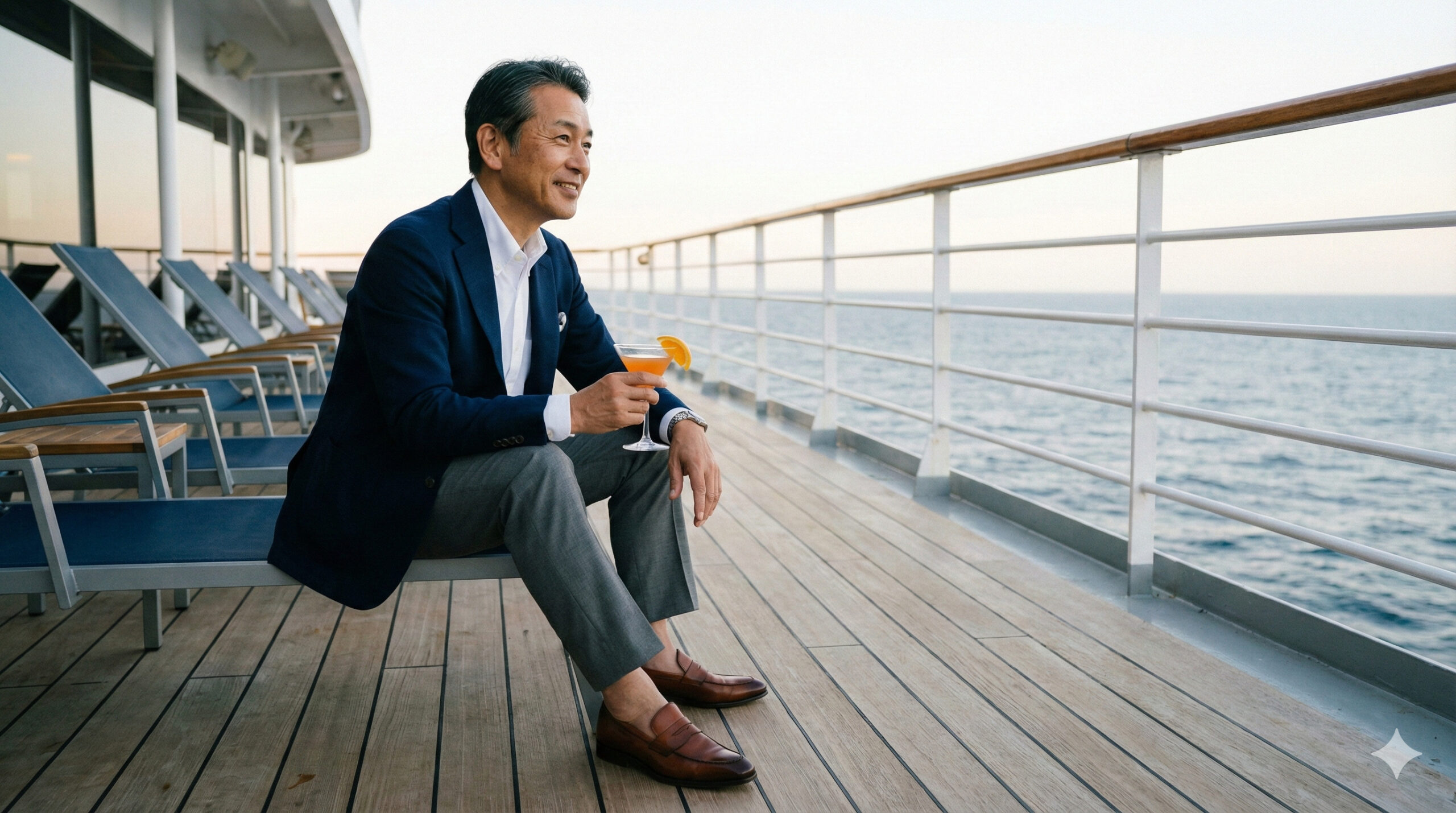 デッキでスマートカジュアルを楽しむ男性