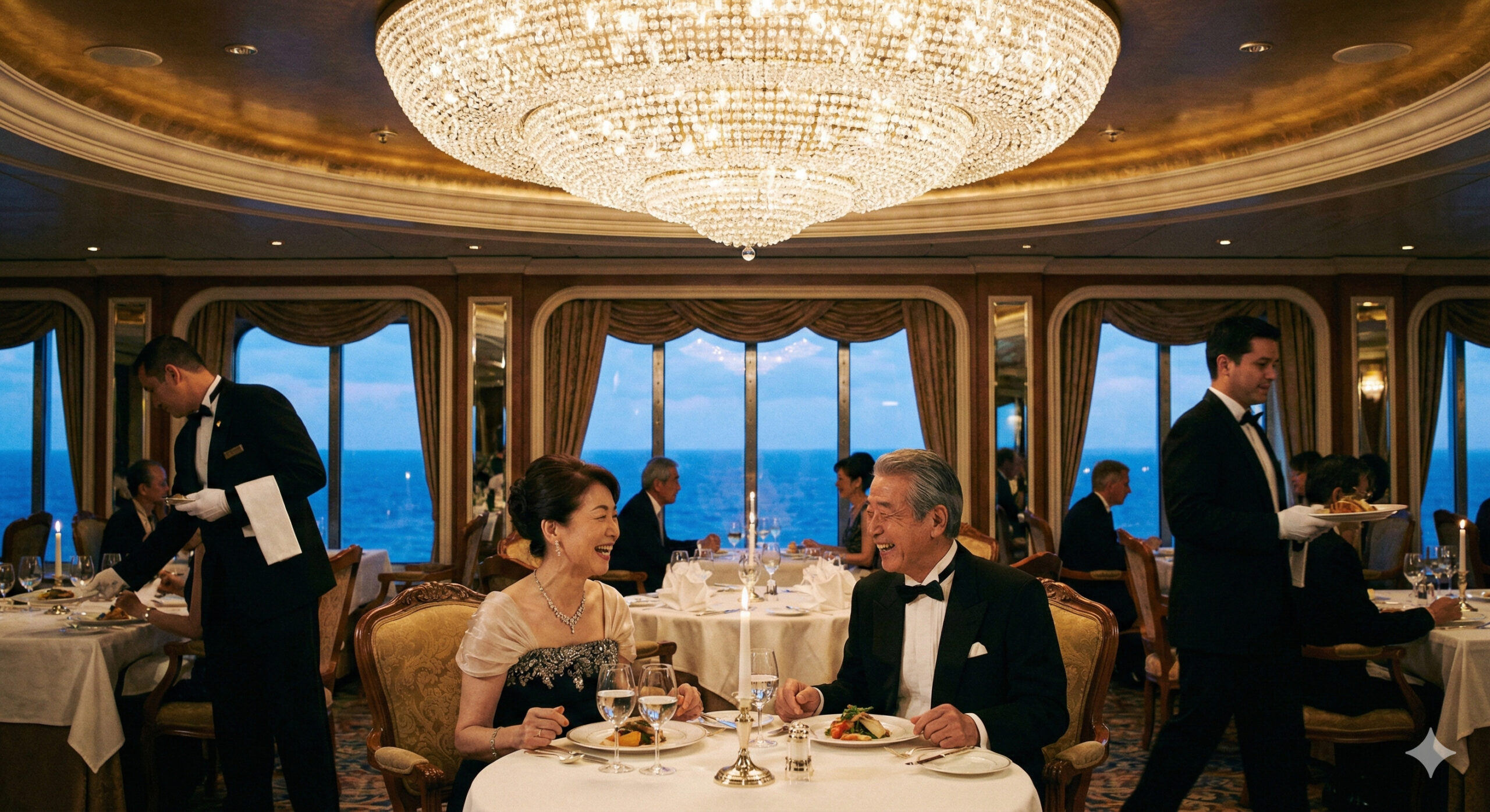 シャンデリアの下でのエレガントなディナー