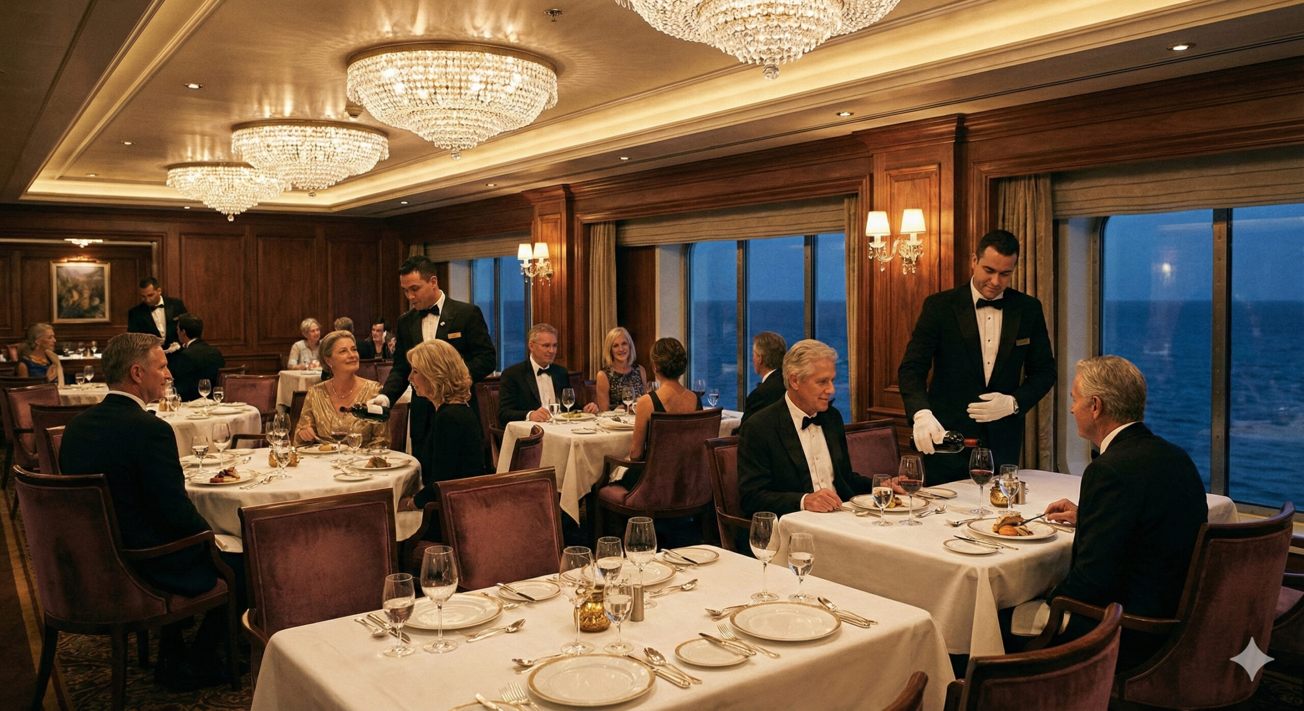 豪華なメインダイニングでのフォーマルな食事