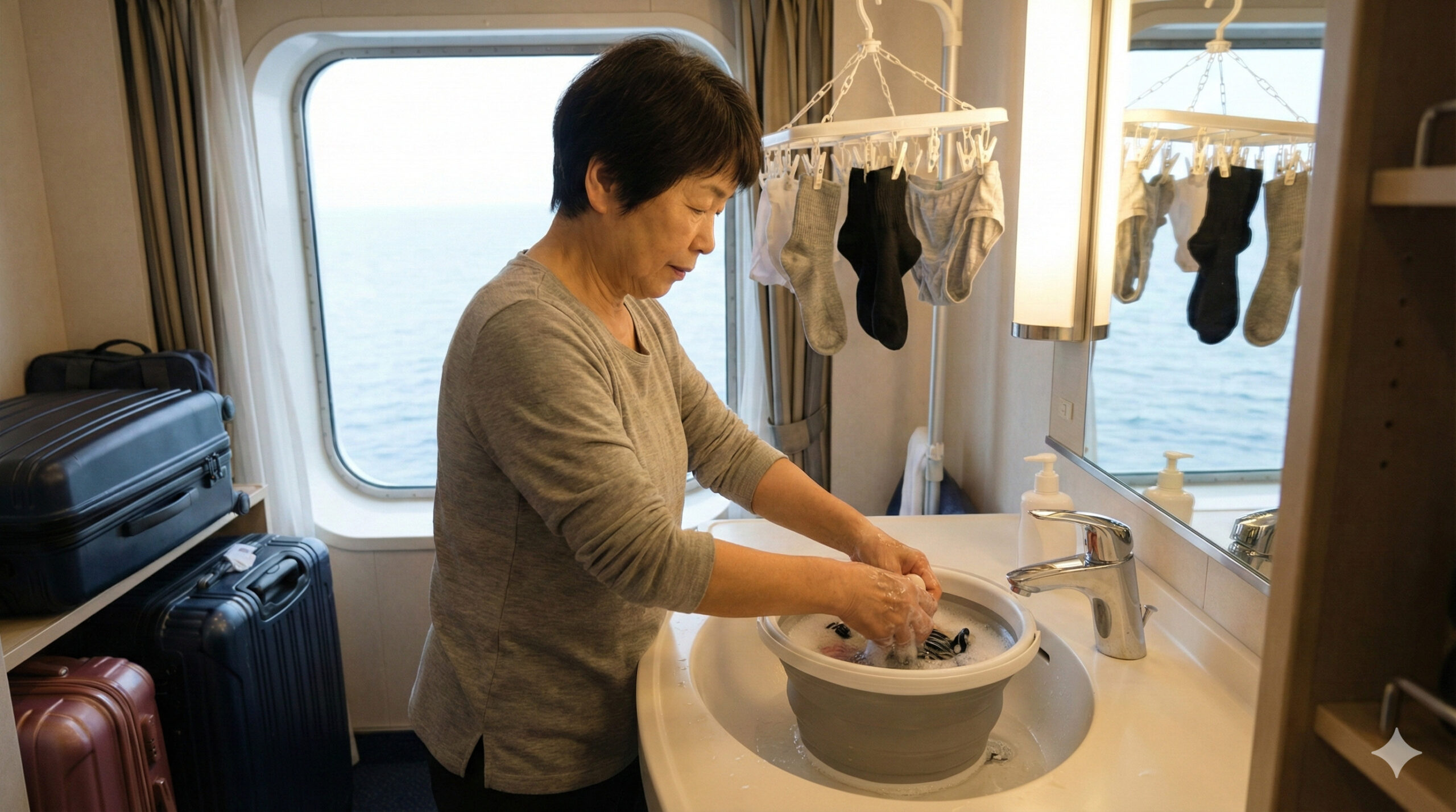 客室で洗濯物を手洗いする女性