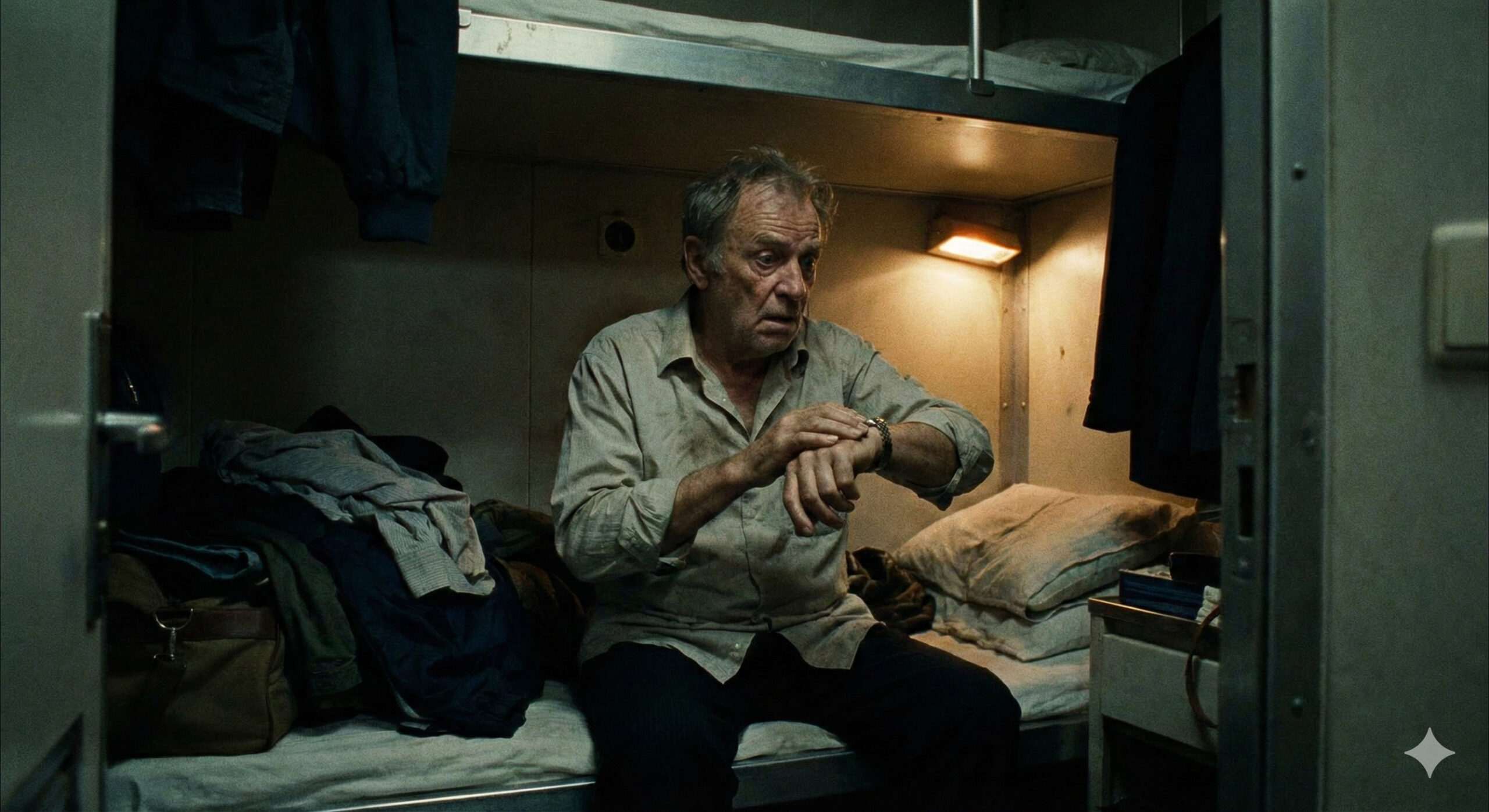 窓のない船室で困惑する男性