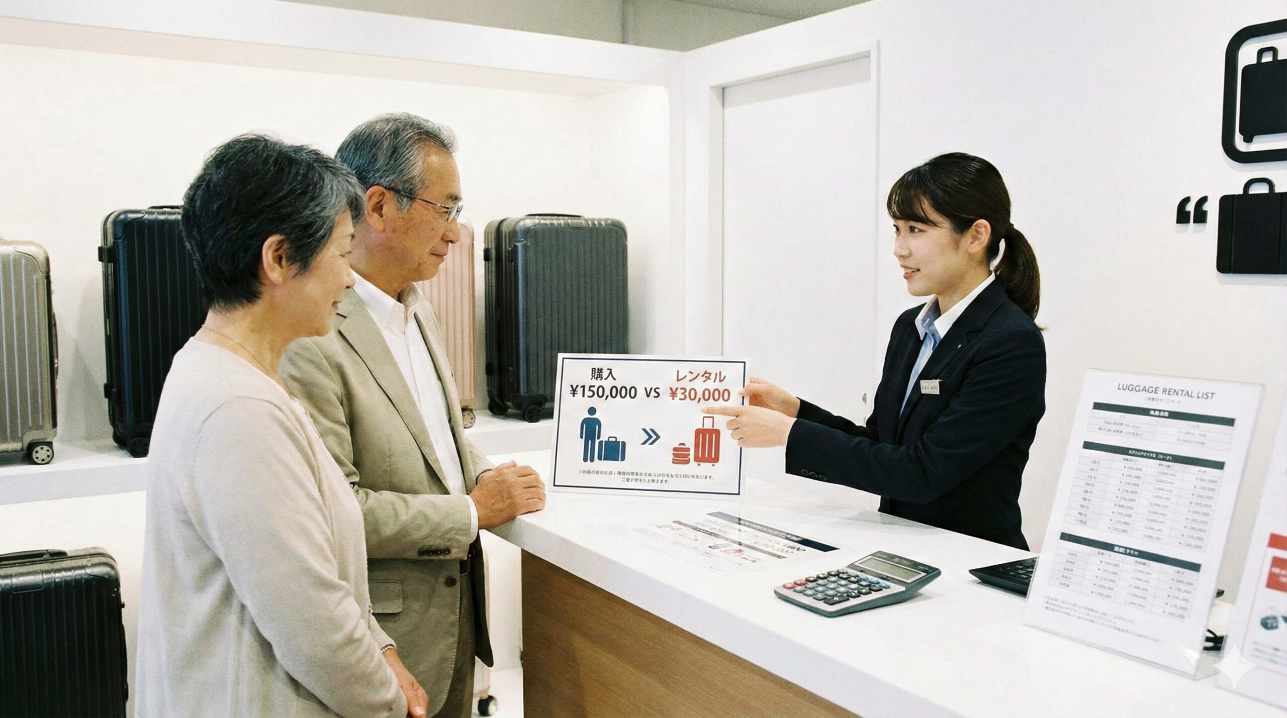 スーツケースレンタルの比較説明を受ける夫婦