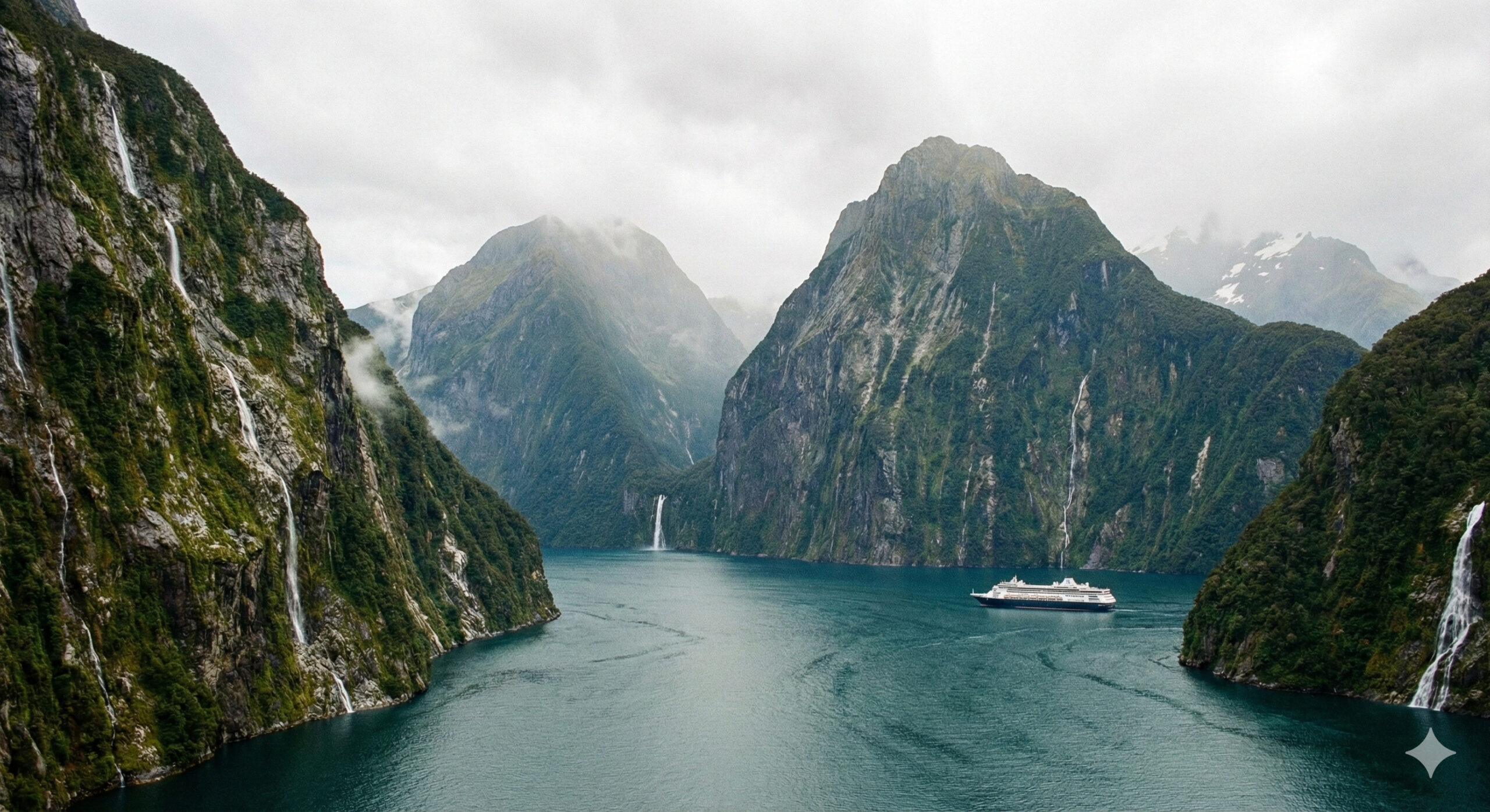 雄大なフィヨルドを航行するクルーズ船