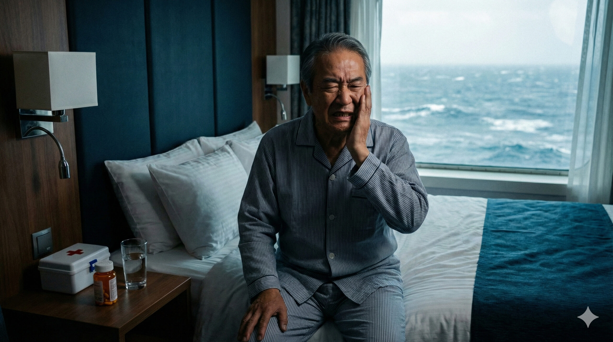客室で歯痛に苦しむ男性
