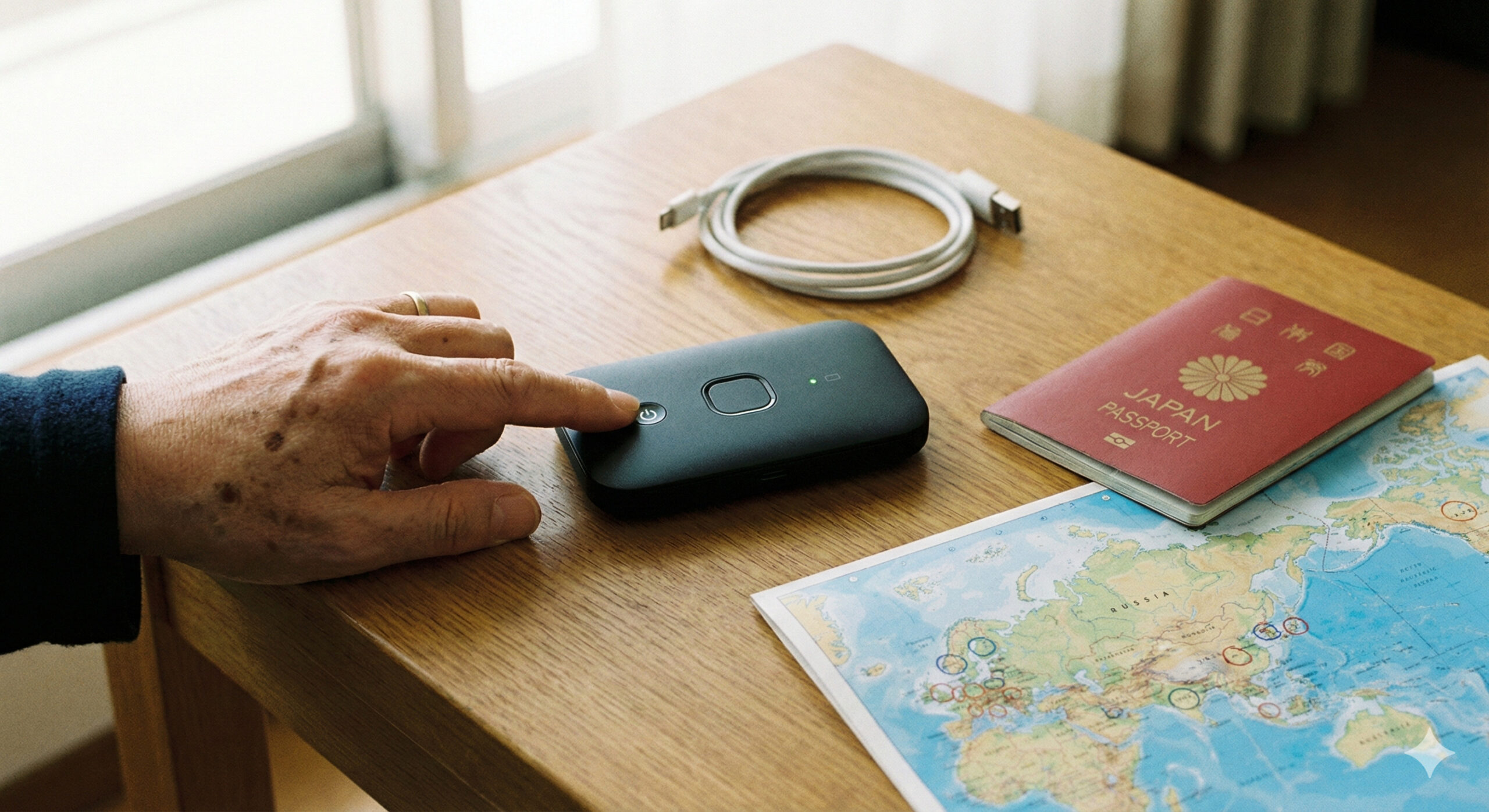 モバイルルーターの電源を入れる手元