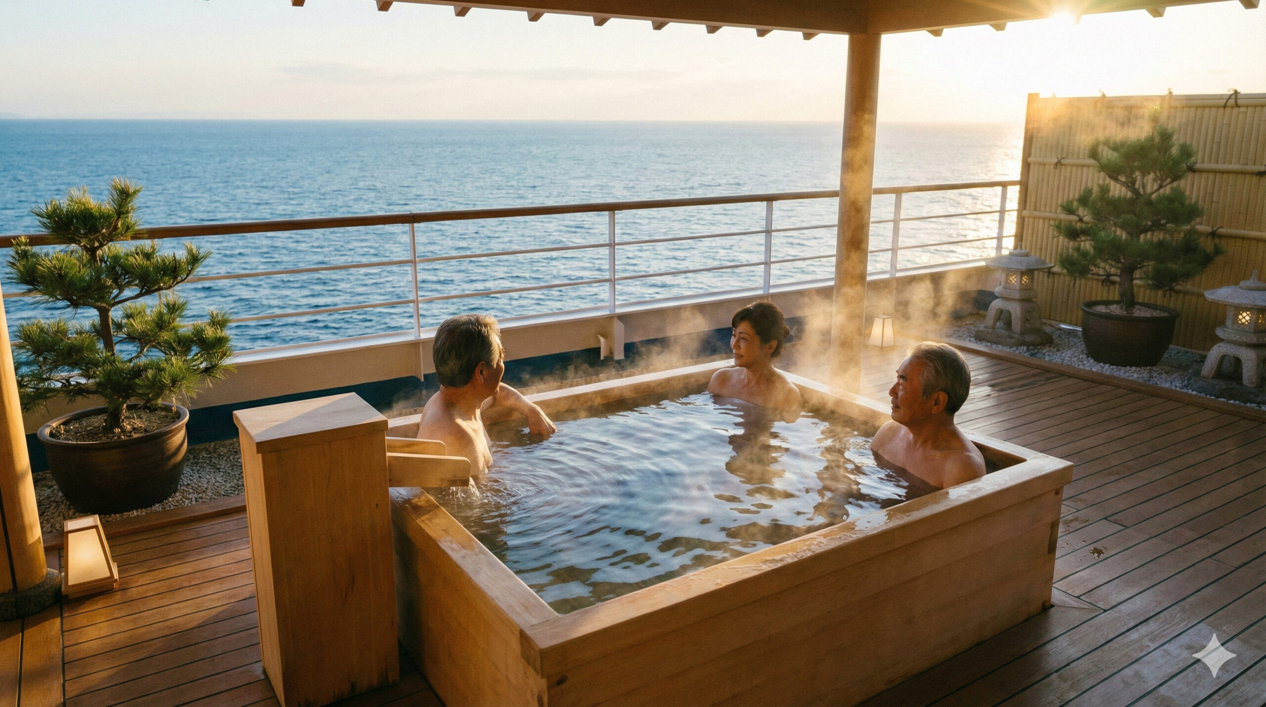 船上の露天風呂に入るシニアたち