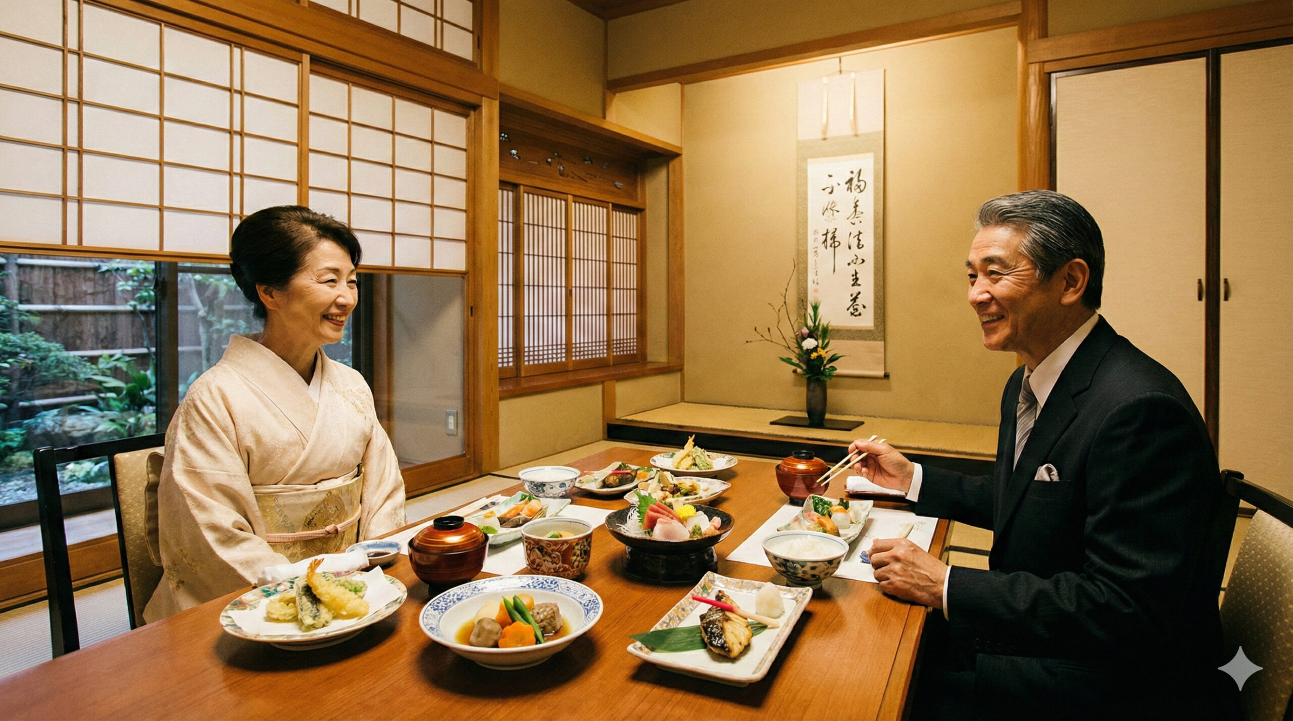 高級料亭の個室で懐石料理を楽しむ夫婦