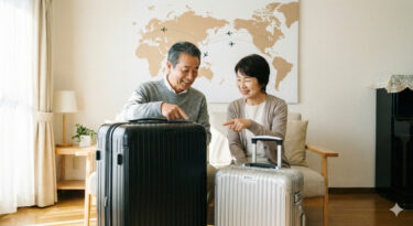 スーツケースと世界地図の前で微笑むシニア夫婦