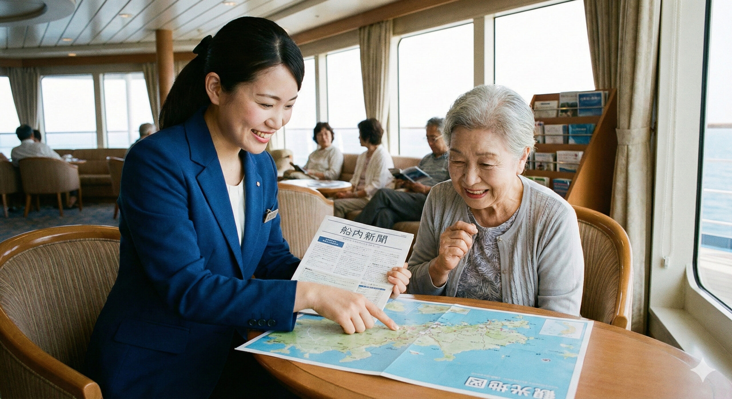 ラウンジでスタッフから説明を受ける女性