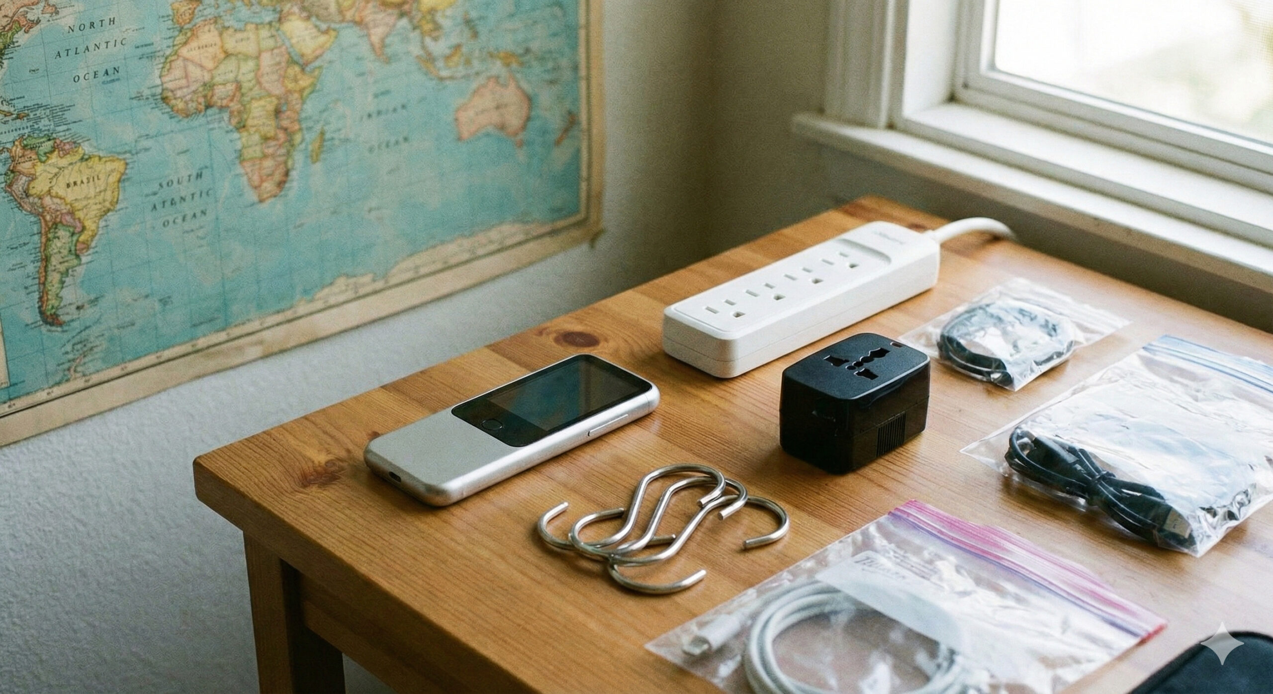 テーブルに並べられた旅行用ガジェット類